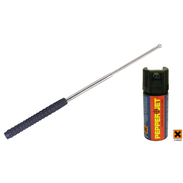 Kalený tel.obušek 21" chrom + obranný pepřový sprej Pepper Jet 40ml